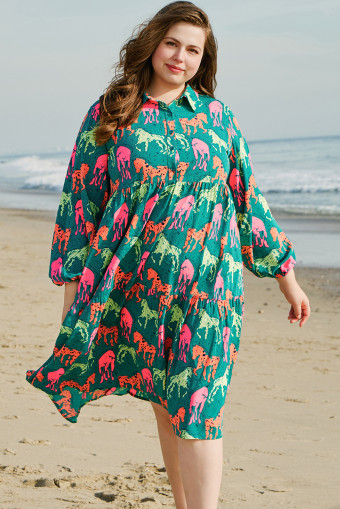 Plus Size Green Horse Printed Long Sleeve Collared Buttoned  Midi Dress