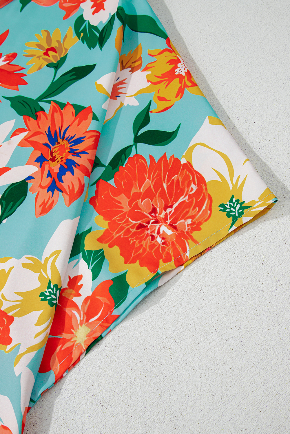 Plus Size Sky Blue  Floral Print V Neck Batwing Sleeve Blouse