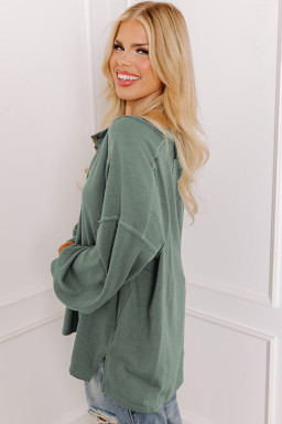 Plus Size Seagrass  Exposed Seam Drop Shoulder Henley Top