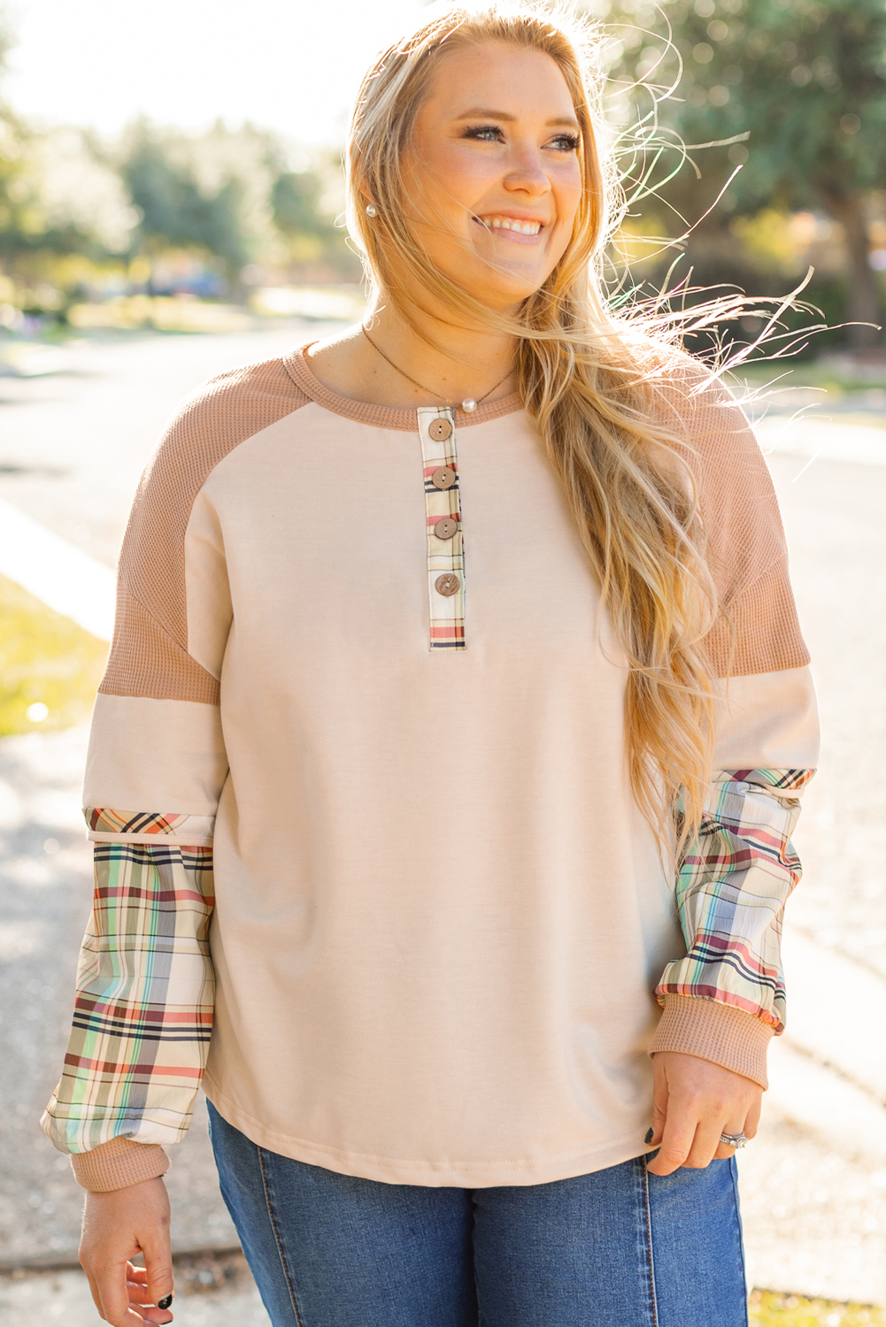 Plus Size Parchment  Plaid Patchwork Layered Henley Top