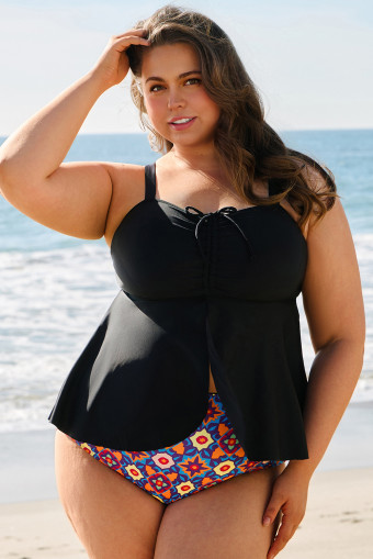 Plus Size Black Drawstring Tied Front Flared Top Geometric Print Bottom  Tankinis