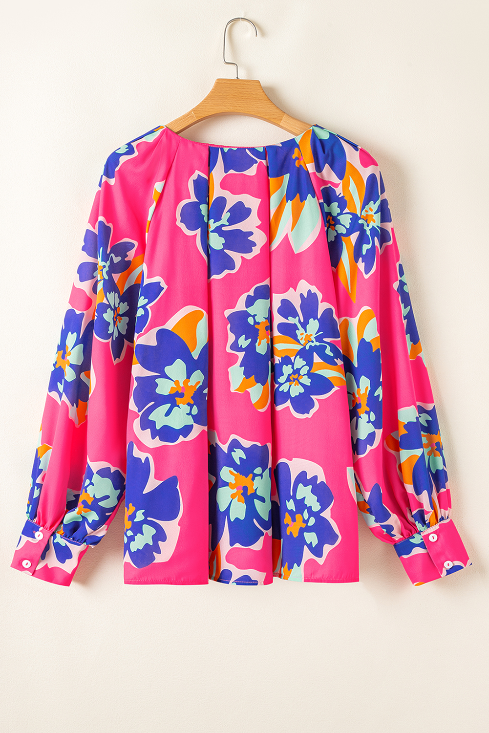 Plus Size Rose Floral Pattern V Neck Balloon Sleeve  Blouse