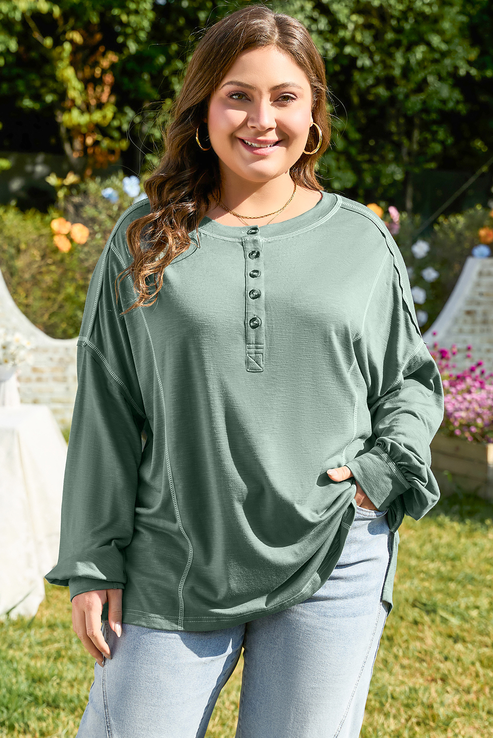 Plus Size Seagrass  Exposed Seam Drop Shoulder Henley Top
