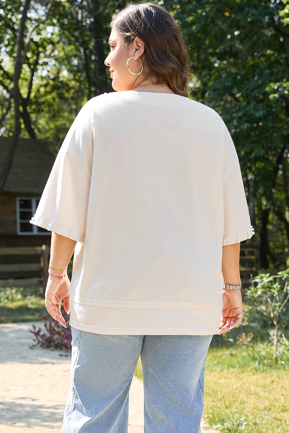 Plus Size Beige Pearl Decor Crew Neck Half Sleeve  T Shirt