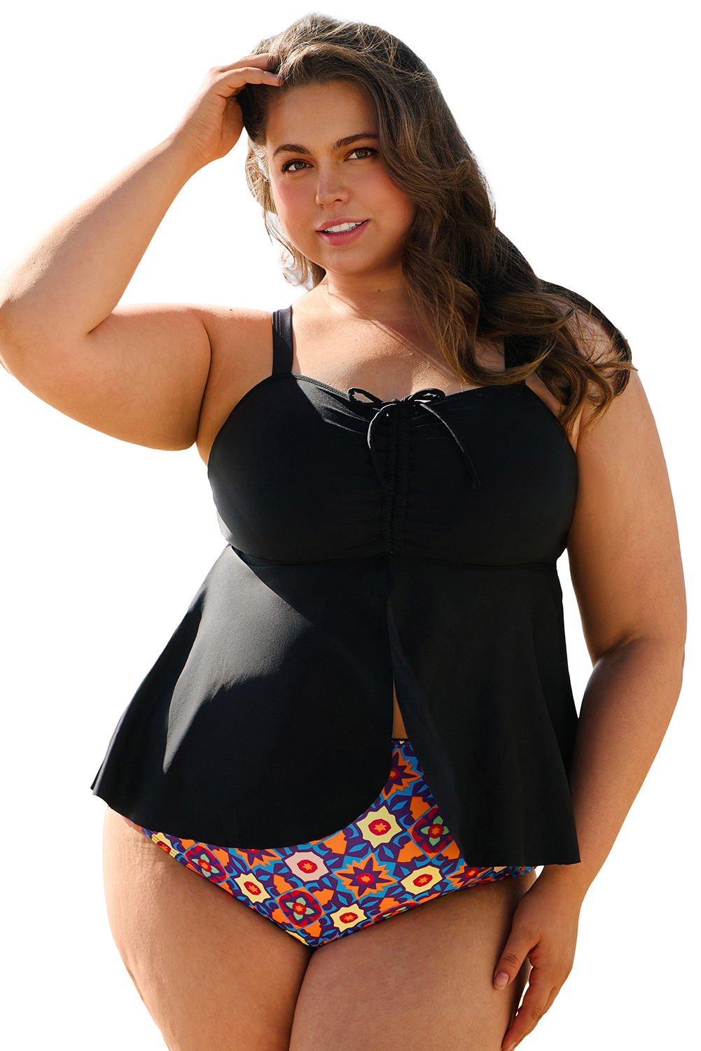 Plus Size Black Drawstring Tied Front Flared Top Geometric Print Bottom  Tankinis