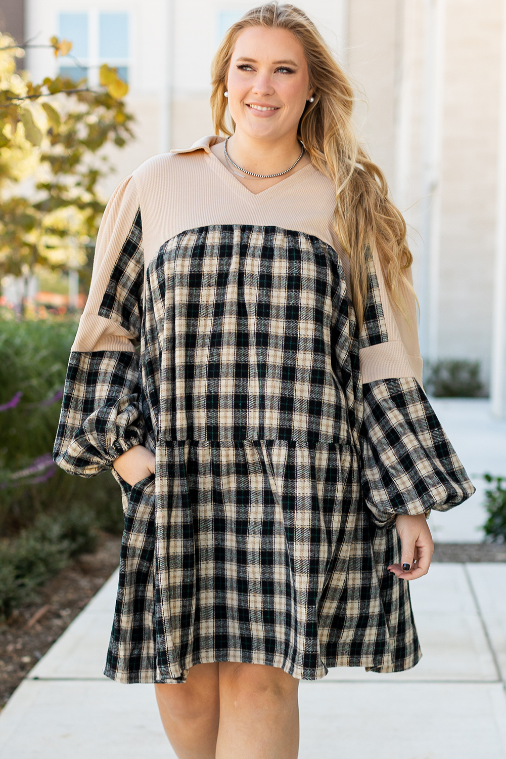 Plus Size Black Plaid Waffle Knit Patchwork Collared V Neck  Mini Dress