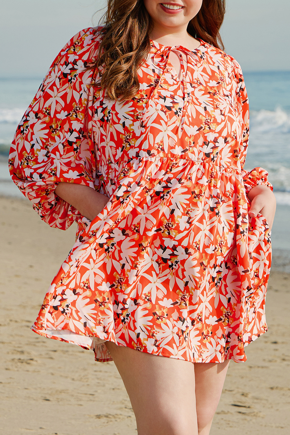 Plus Size Orange Floral Print Split V Neck Bubble Sleeve  Midi Dress