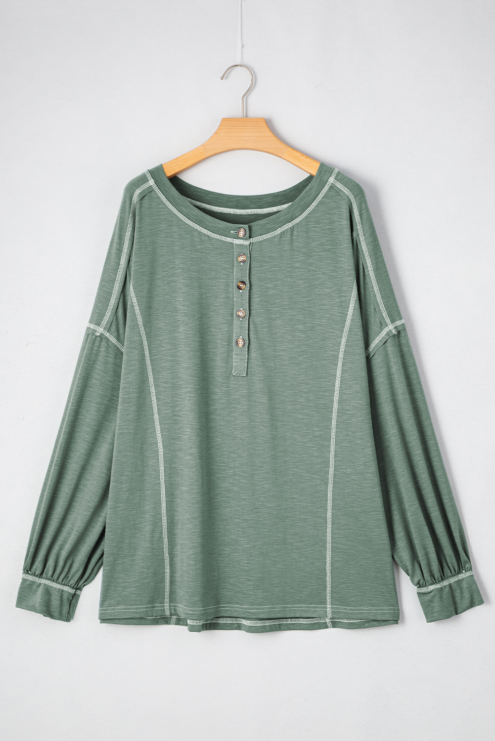 Plus Size Seagrass  Exposed Seam Drop Shoulder Henley Top