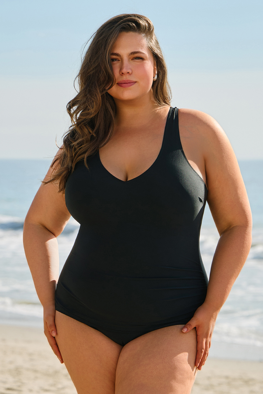 Plus Size Black Solid Color U Neck Padded  One Piece Swimsuit