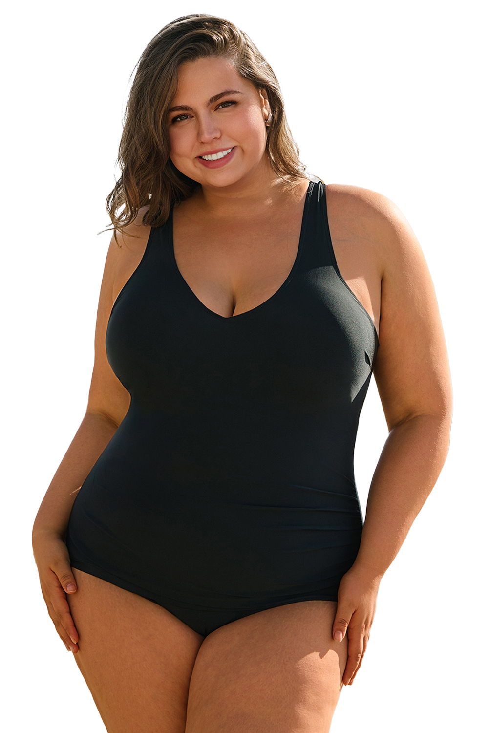 Plus Size Black Solid Color U Neck Padded  One Piece Swimsuit