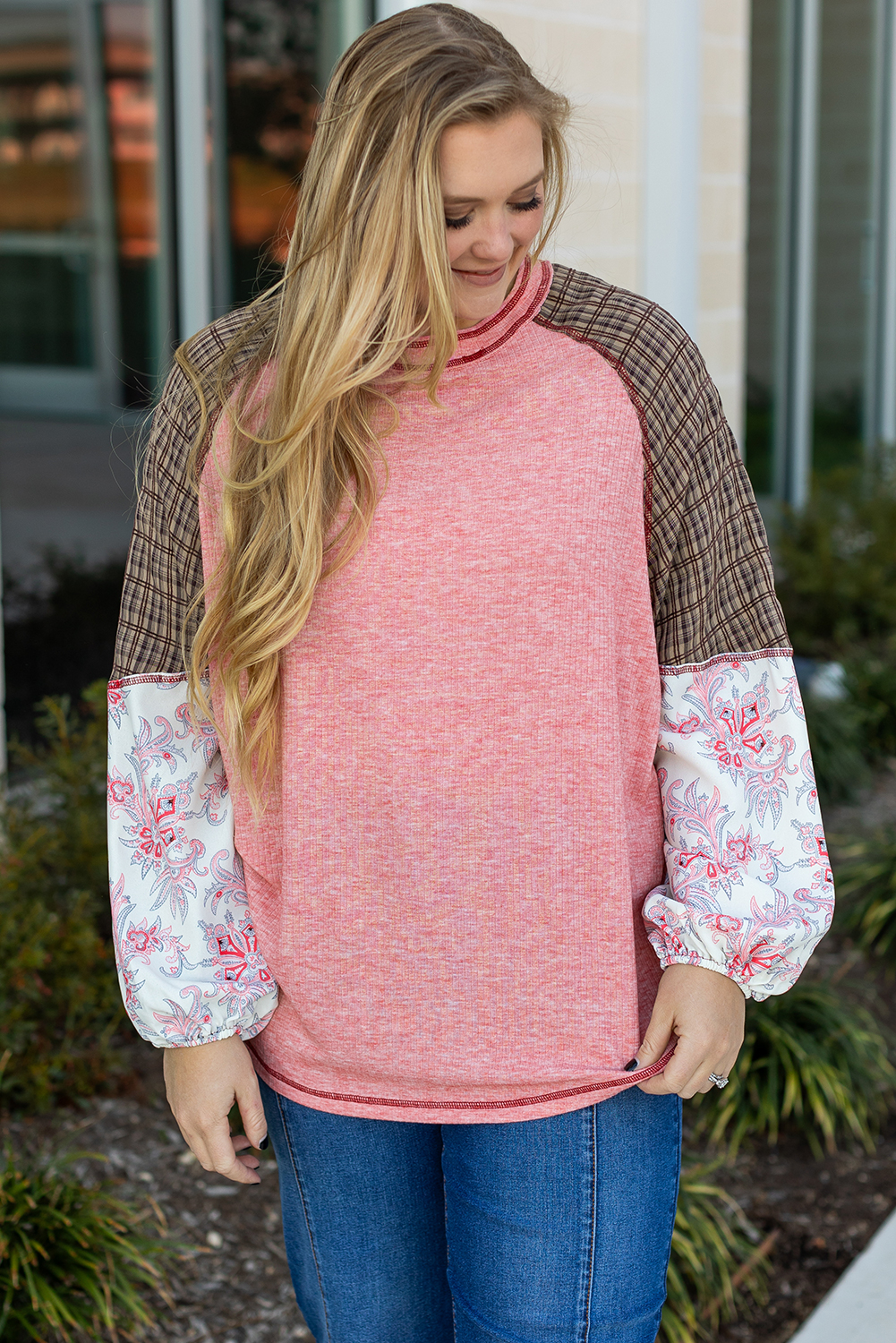 Plus Size Pink Checkered Paisley Patchwork Raglan Sleeve Seamed  Top