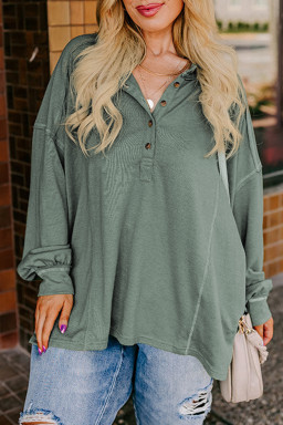 Plus Size Seagrass  Exposed Seam Drop Shoulder Henley Top
