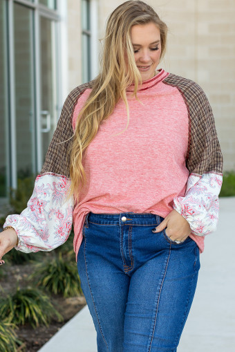 Plus Size Pink Checkered Paisley Patchwork Raglan Sleeve Seamed  Top