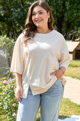 Plus Size Beige Pearl Decor Crew Neck Half Sleeve  T Shirt