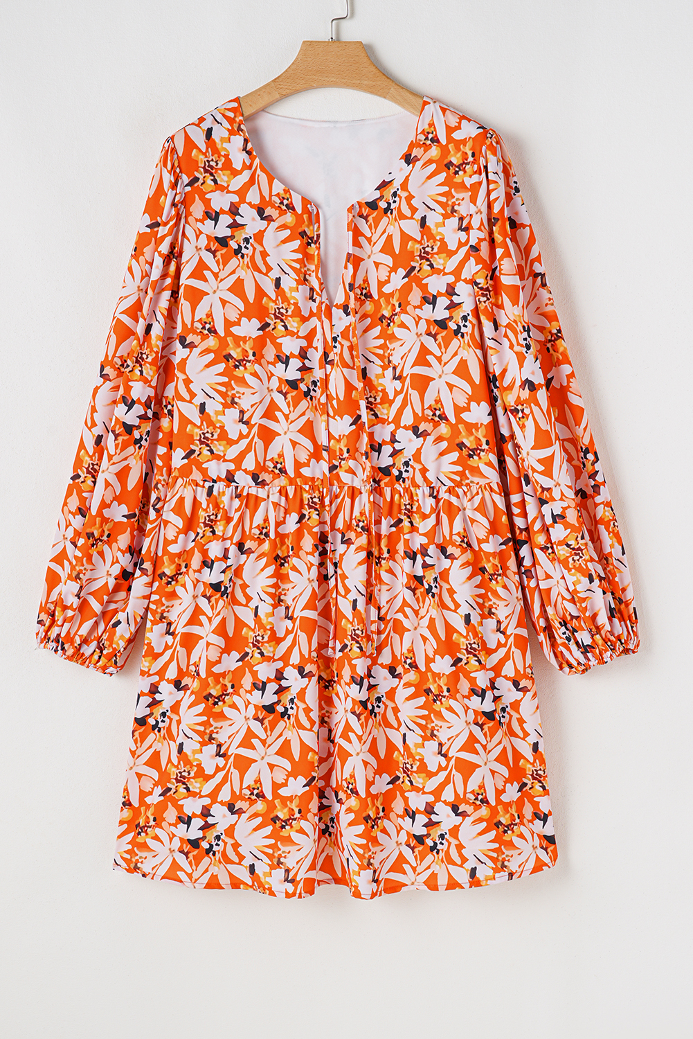 Plus Size Orange Floral Print Split V Neck Bubble Sleeve  Midi Dress