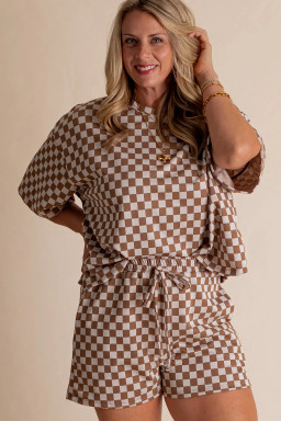 Plus Size Brown  Checkerboard Print Side Slim Tee Shorts Set