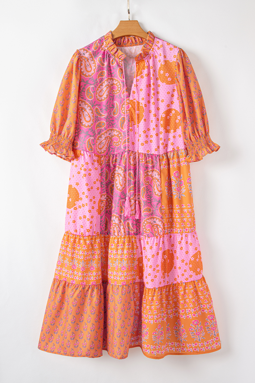 Plus Size Pink Boho Paisley Floral Mixed Patchwork Tassel Tie  Midi Dress