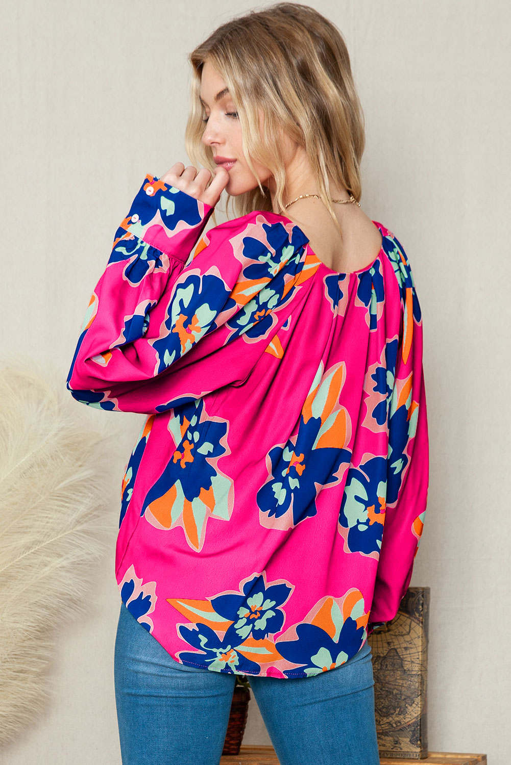 Plus Rose Floral Pattern V Neck Balloon Sleeve Blouse
