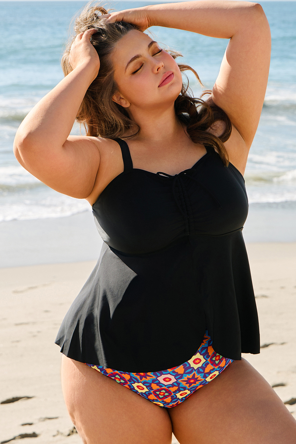 Plus Size Black Drawstring Tied Front Flared Top Geometric Print Bottom  Tankinis