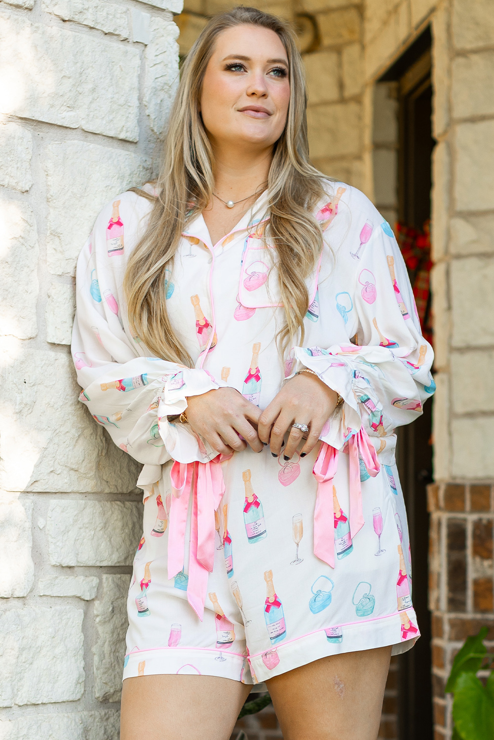 Plus Size White  Wine Glass Print Bow Knot Pajama Set