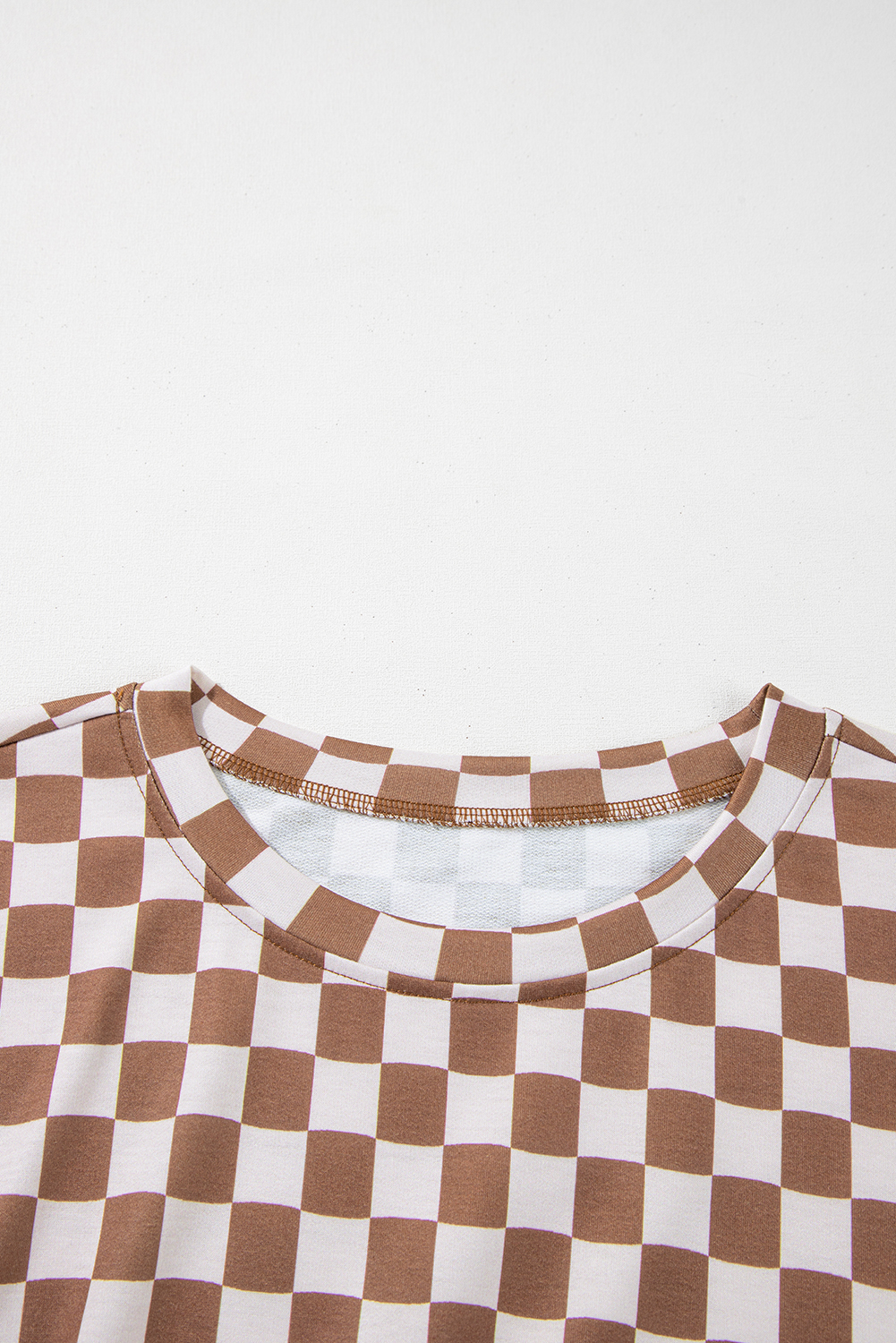 Plus Size Brown  Checkerboard Print Side Slim Tee Shorts Set