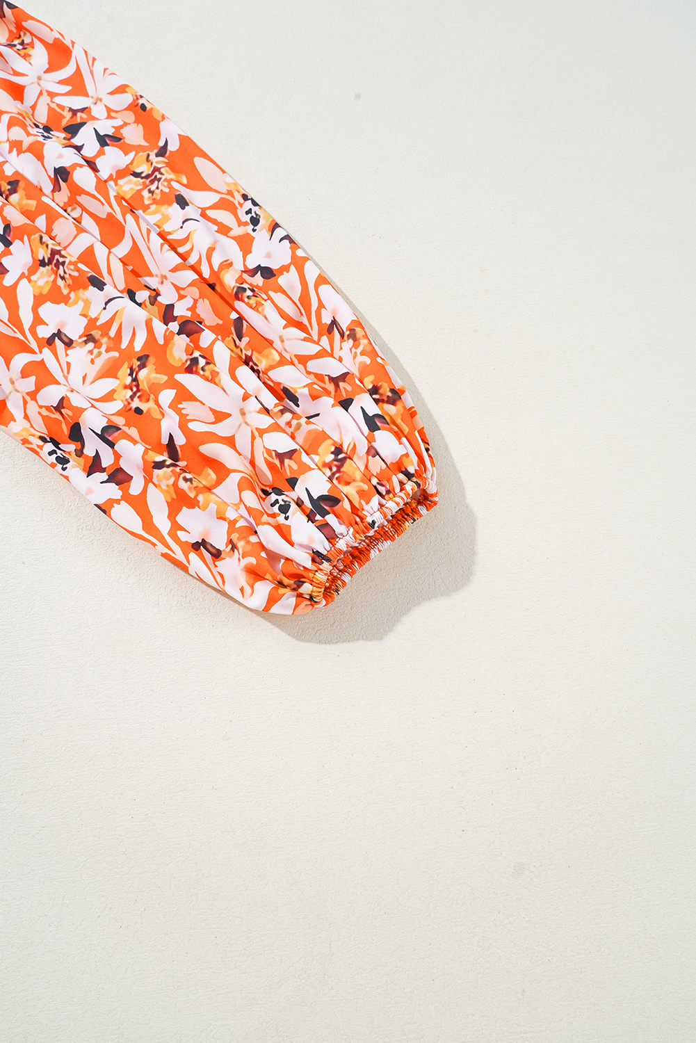 Plus Size Orange Floral Print Split V Neck Bubble Sleeve  Midi Dress