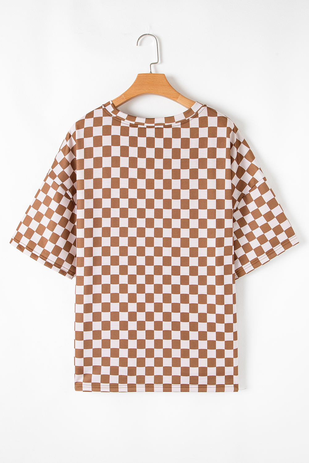Plus Size Brown  Checkerboard Print Side Slim Tee Shorts Set