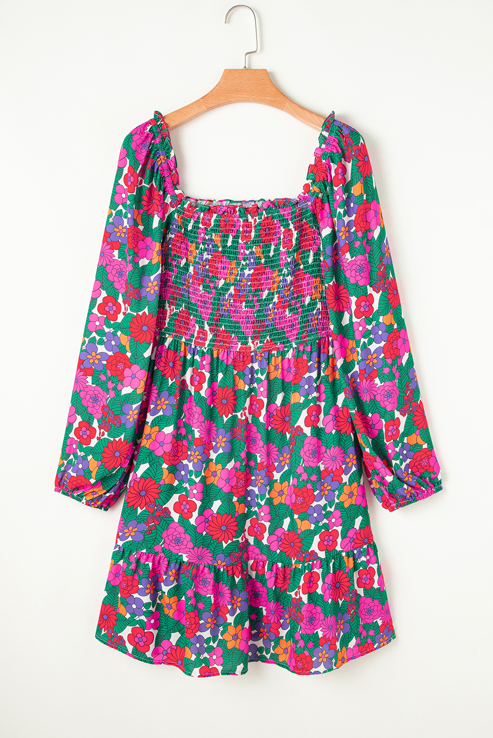 Plus Size White  Floral Frilled Square Neck Shirred Long Sleeve Dress