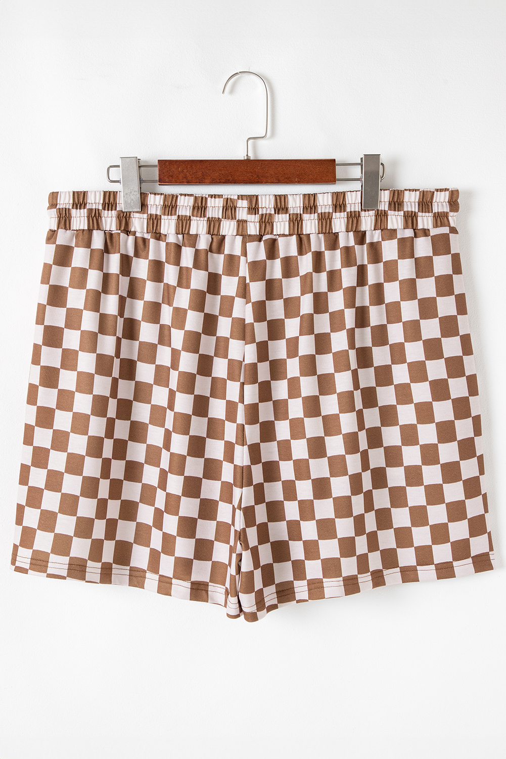 Plus Size Brown  Checkerboard Print Side Slim Tee Shorts Set