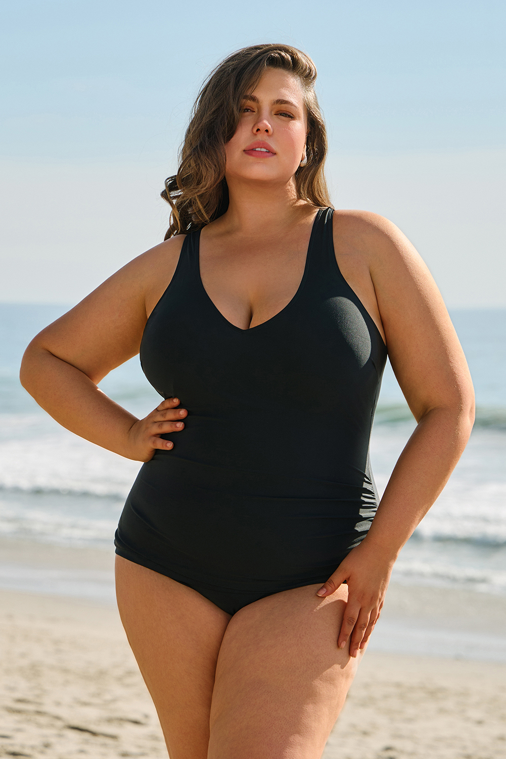 Plus Size Black Solid Color U Neck Padded  One Piece Swimsuit