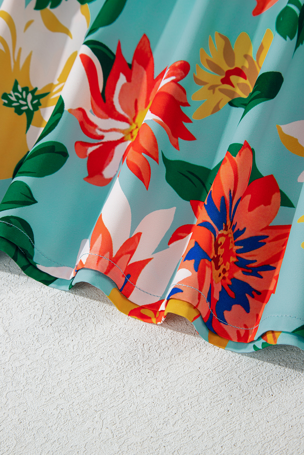 Plus Size Sky Blue  Floral Print V Neck Batwing Sleeve Blouse