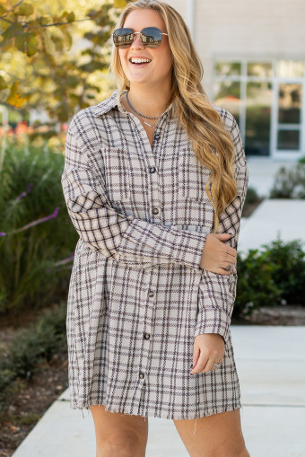 Plus Size White Stripe  Plaid Buttoned Raw Hem Tunic Shirt Dress