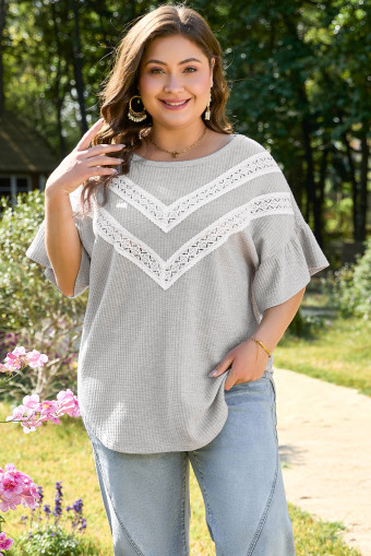 Plus Size Light Grey Lace Insert Waffle Ruffle Short Sleeve  Top