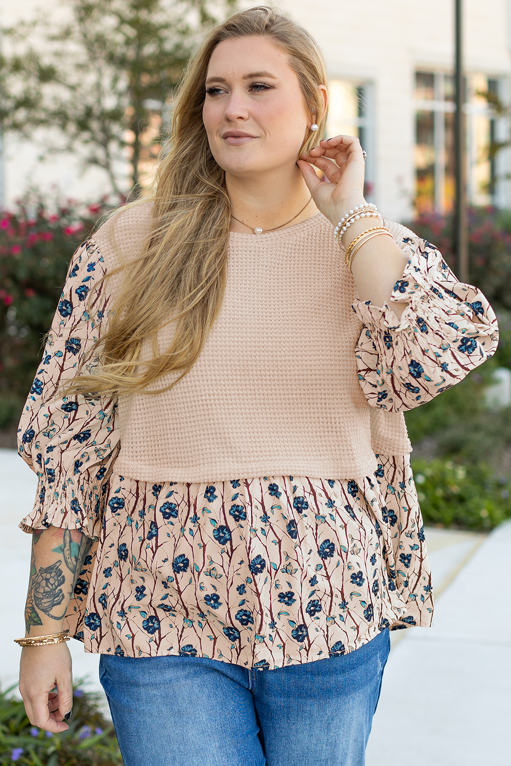Plus Size Beige Faux Two Piece Knit Patchwork Floral Print Top