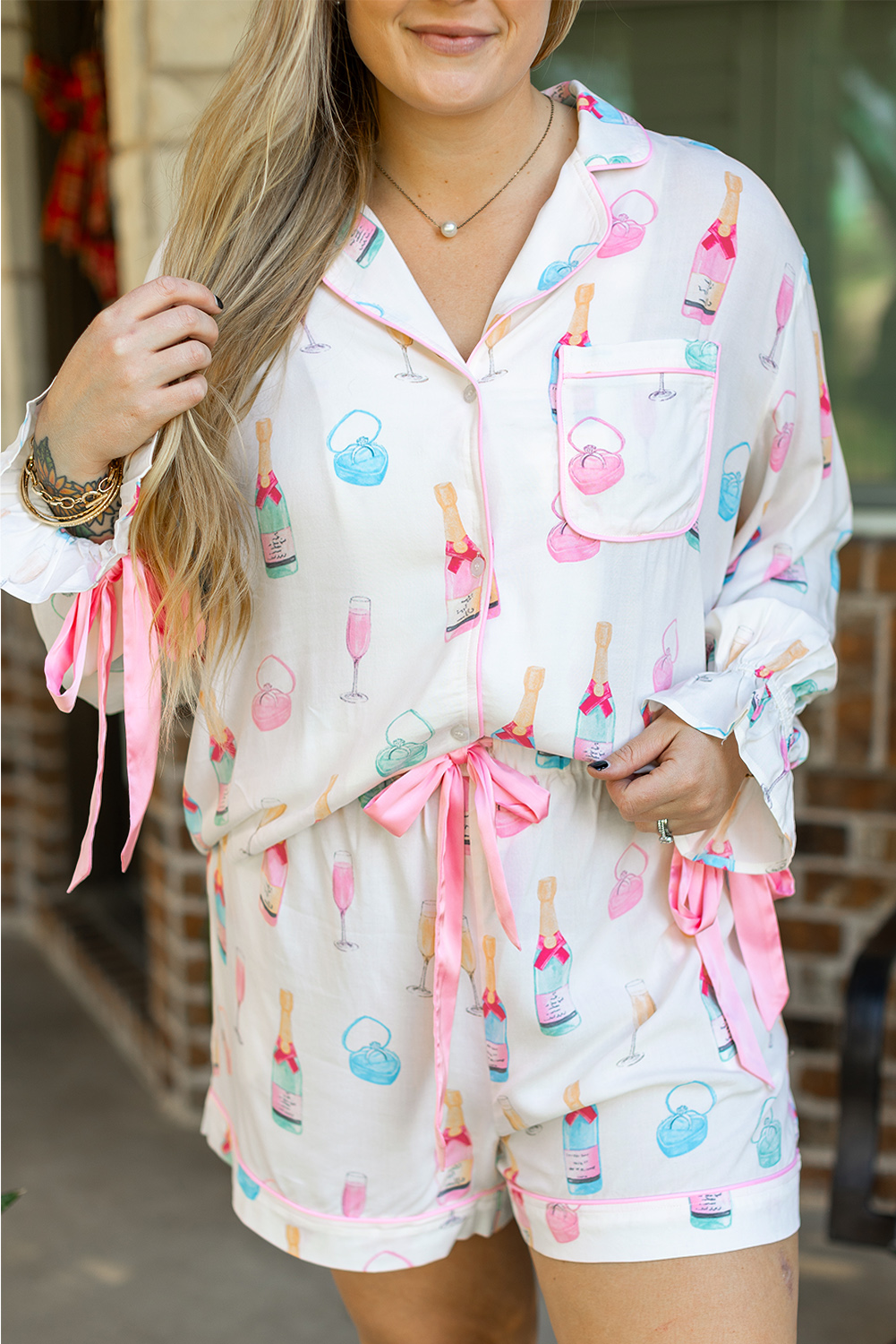 Plus Size White  Wine Glass Print Bow Knot Pajama Set