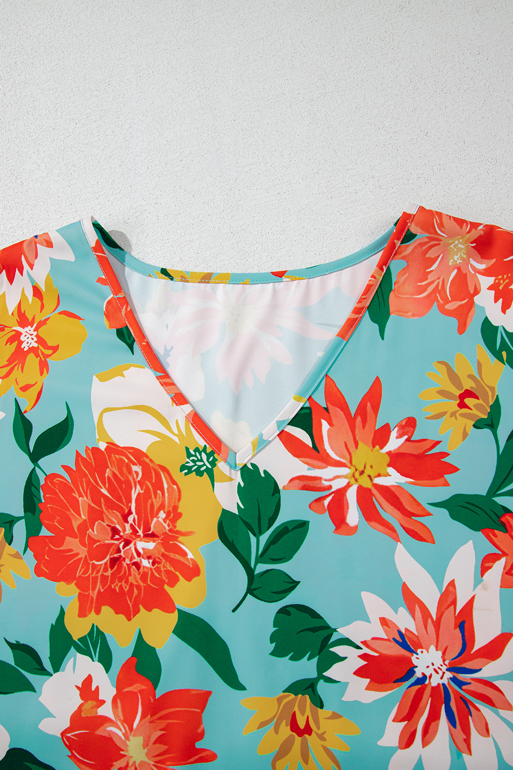 Plus Size Sky Blue  Floral Print V Neck Batwing Sleeve Blouse