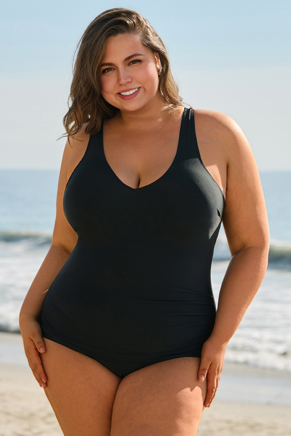 Plus Size Black Solid Color U Neck Padded  One Piece Swimsuit