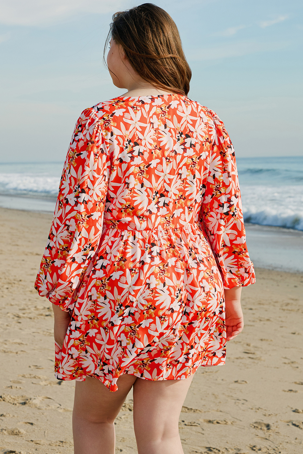 Plus Size Orange Floral Print Split V Neck Bubble Sleeve  Midi Dress