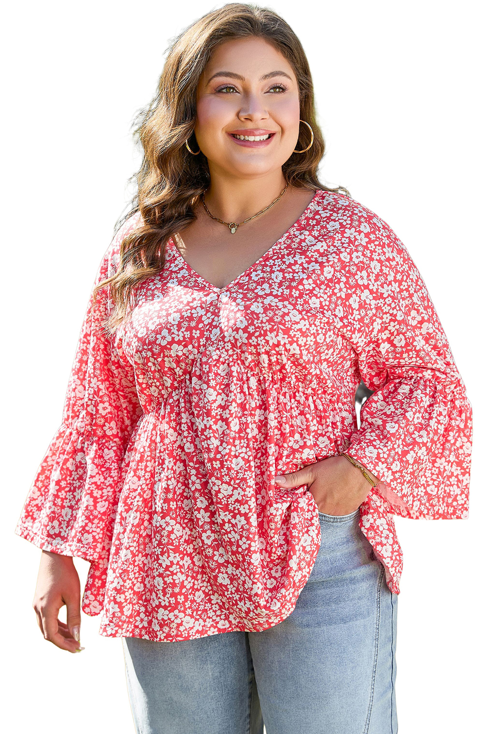 Plus Size Red  Floral V Neck Flared Bracelet Sleeve Blouse