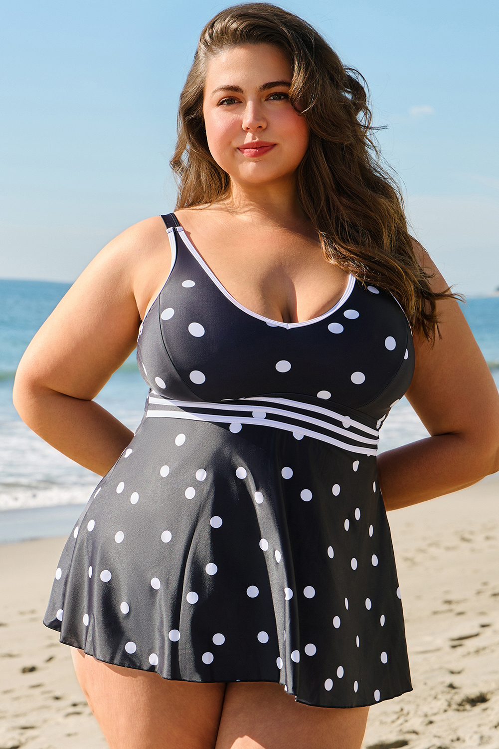 Plus Size Black Polka Dot Trim V Neck  Swim Dress