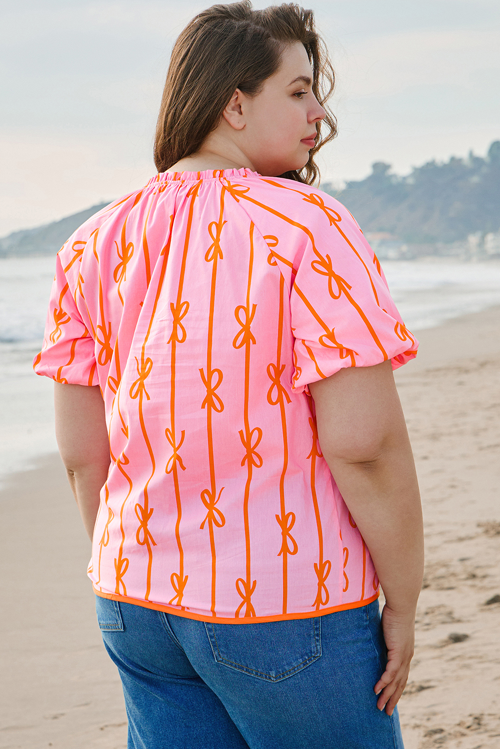 Plus Size Rose Bowknot Print Shirred V Neck Puff Sleeve  Blouse