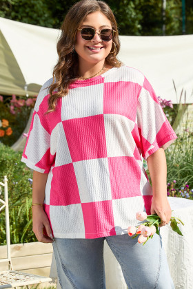 Plus Size White Textured Checkerboard Round Neck  T Shirt