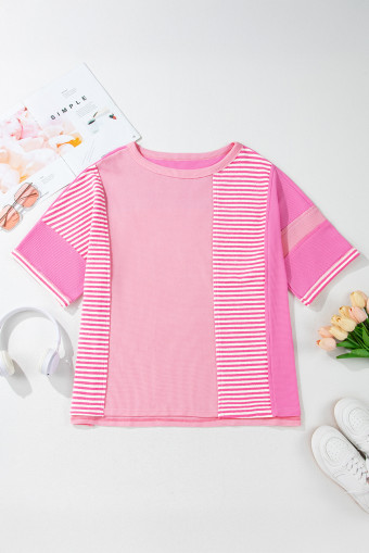 Plus Size Pink Stripe Patchwork Colorblock  T Shirt