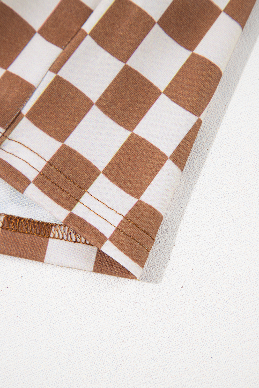 Plus Size Brown  Checkerboard Print Side Slim Tee Shorts Set