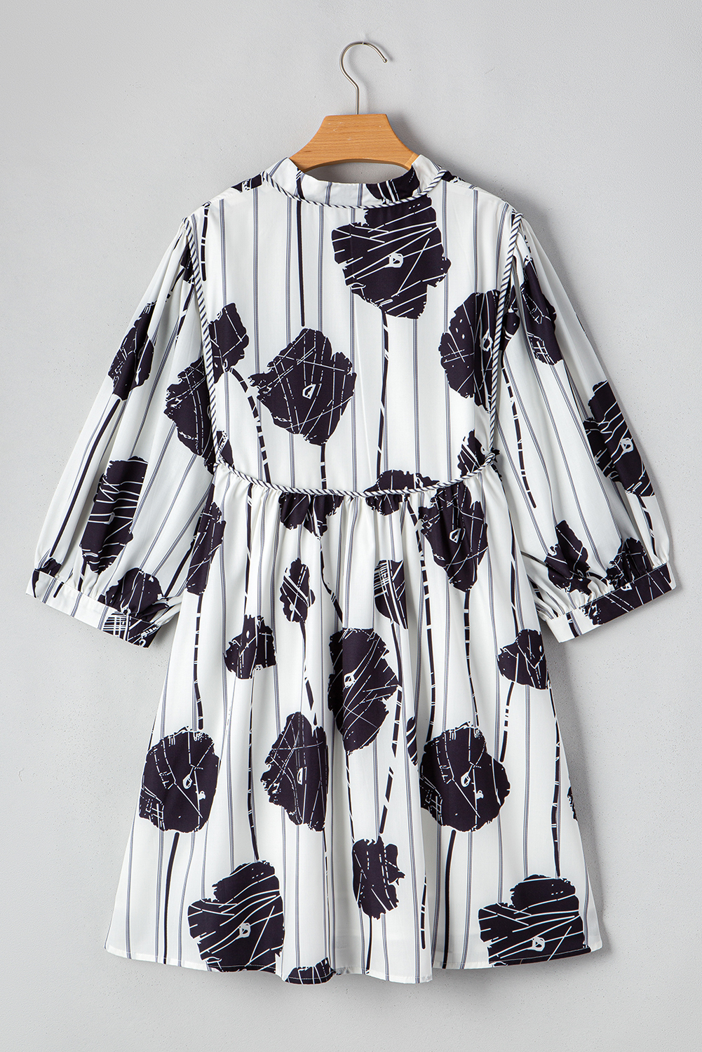 Plus Size Black  Floral 3/4 Puff Sleeve Lace-up Neck Mini Dress