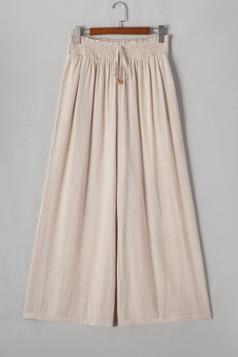 Plus Size Beige Smocked High Waist Wide Leg  Pants