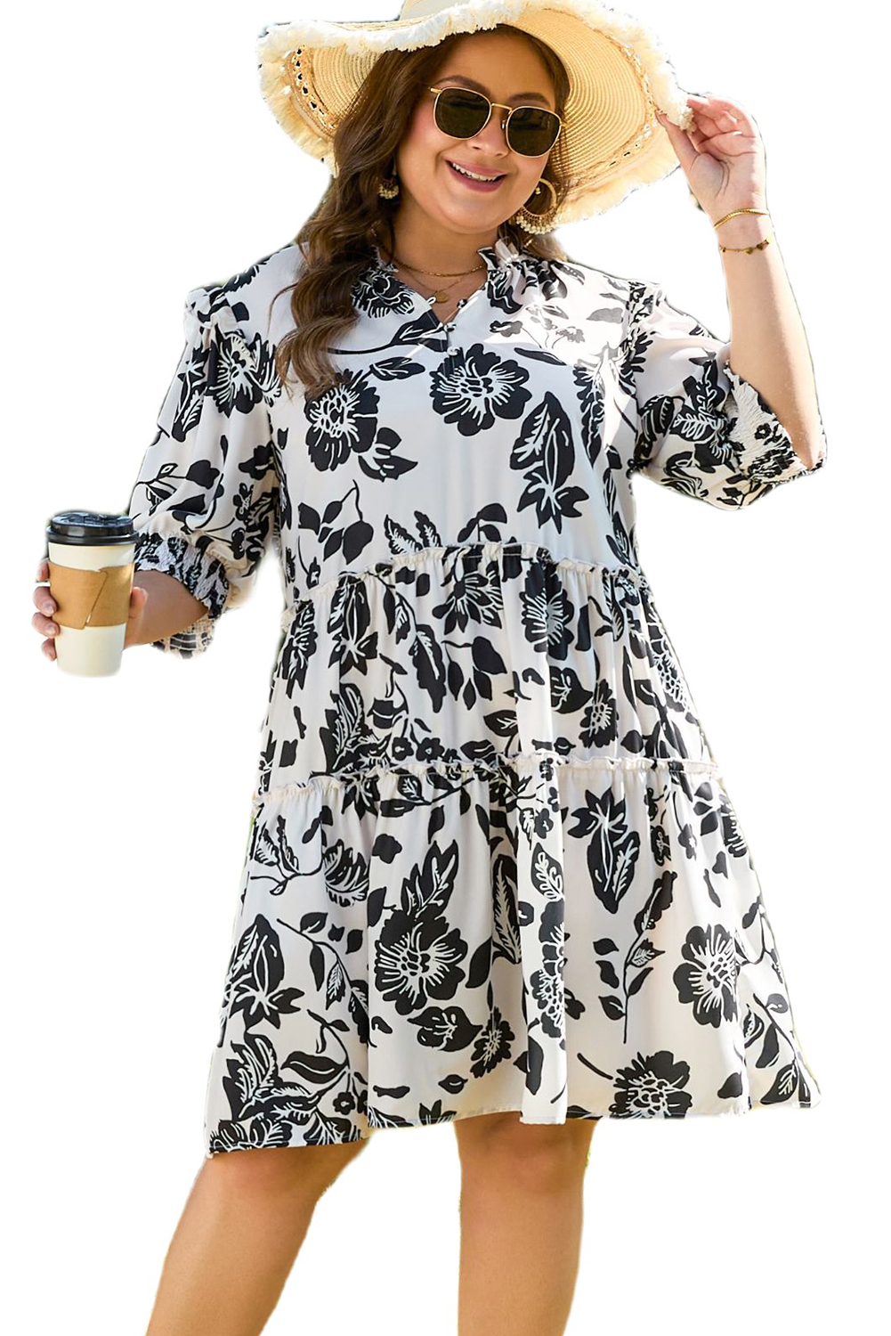Plus Size Black Floral Print Tiered Frilled Half Sleeve  Mini Dress