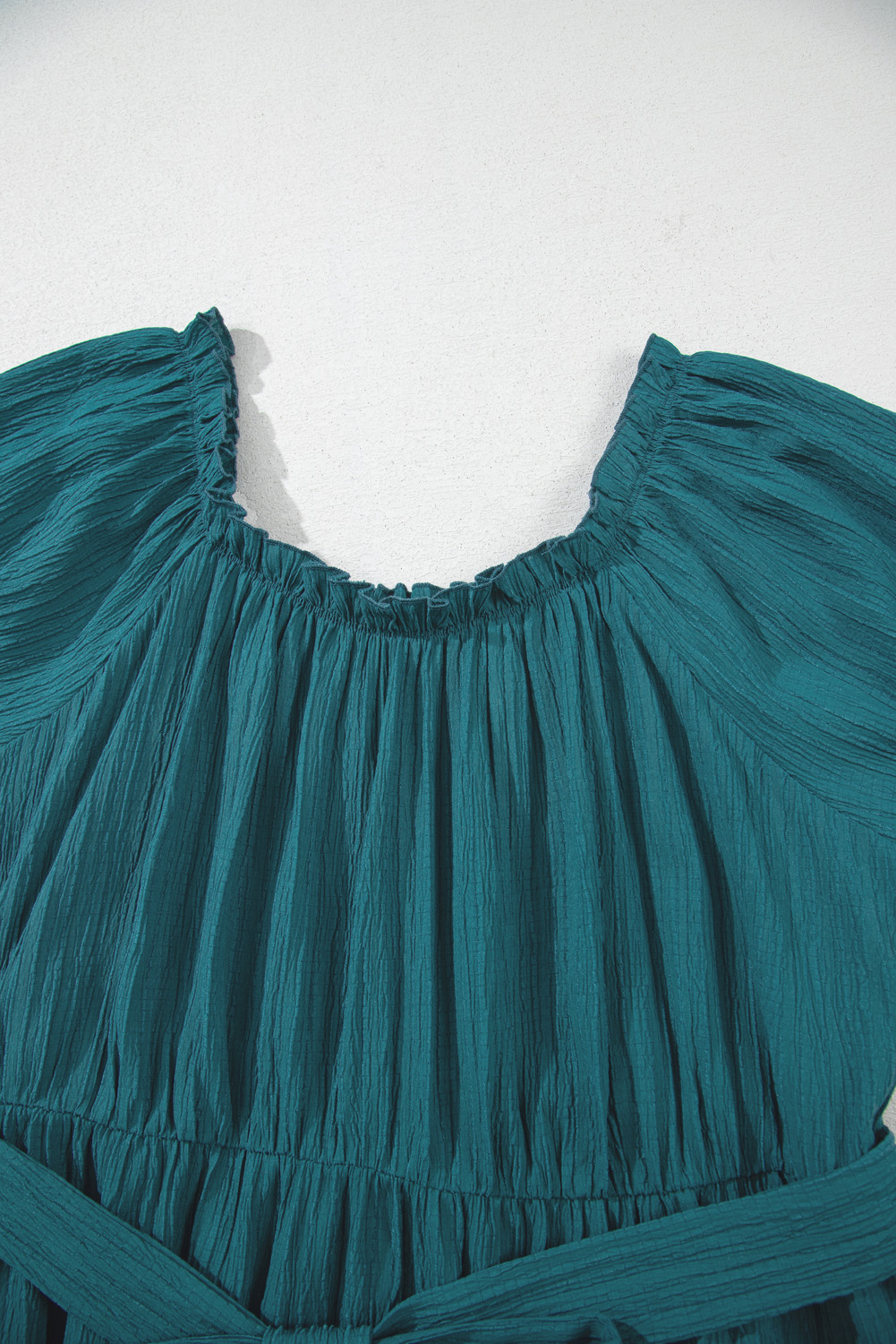 Plus Size Skobeloff Frilled U Neck Puff Sleeve Belted Ruffle Hem  Midi Dress