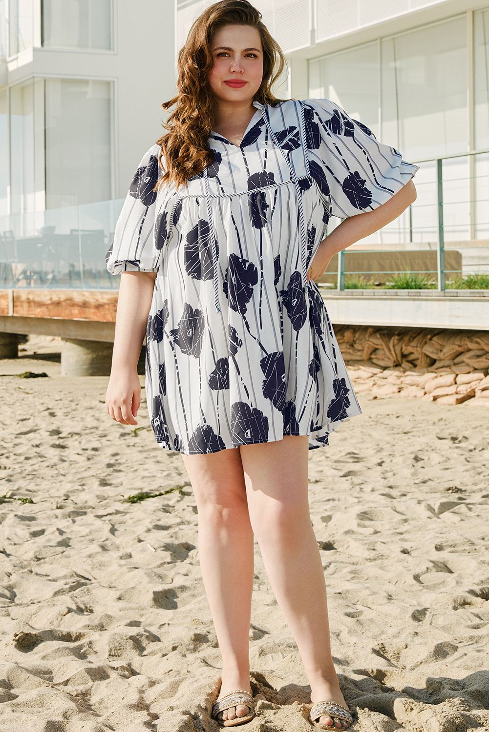 Plus Size Black  Floral 3/4 Puff Sleeve Lace-up Neck Mini Dress