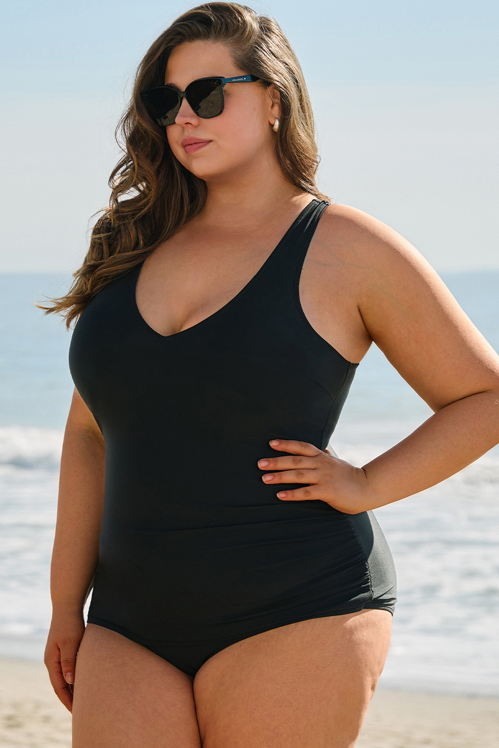 Plus Size Black Solid Color U Neck Padded  One Piece Swimsuit